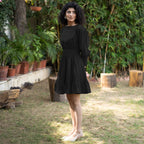 Black Cotton Poplin Gathered Short Tier Dress