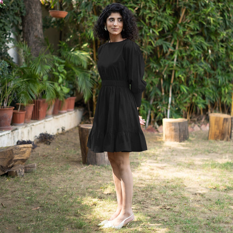 Black Cotton Poplin Gathered Short Tier Dress