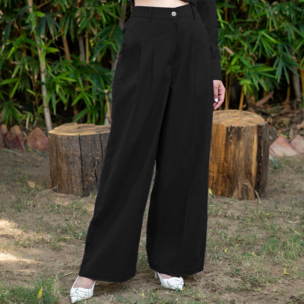 Black Cotton Poplin High-Rise Elasticated Pleated Wide Legged Pant