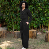 Black Cotton Poplin High-Rise Elasticated Pleated Wide Legged Pant