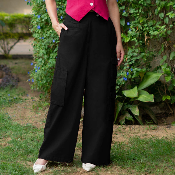 Black Cotton Poplin High-Rise Elasticated Wide Legged Cargo Pant