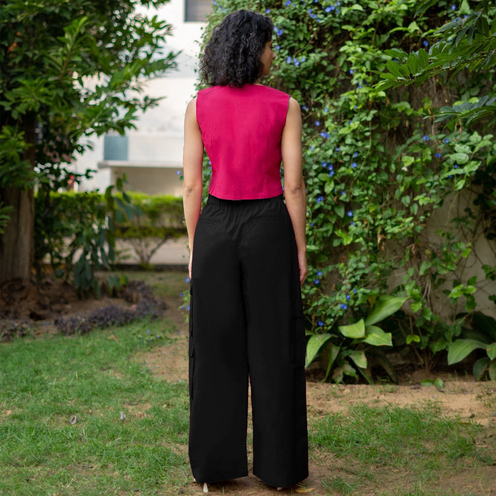 Black Cotton Poplin High-Rise Elasticated Wide Legged Cargo Pant
