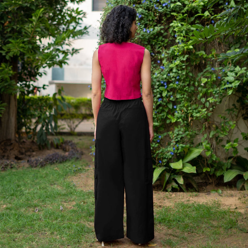 Black Cotton Poplin High-Rise Elasticated Wide Legged Cargo Pant