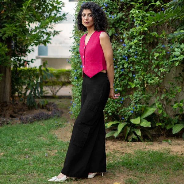 Black Cotton Poplin High-Rise Elasticated Wide Legged Cargo Pant