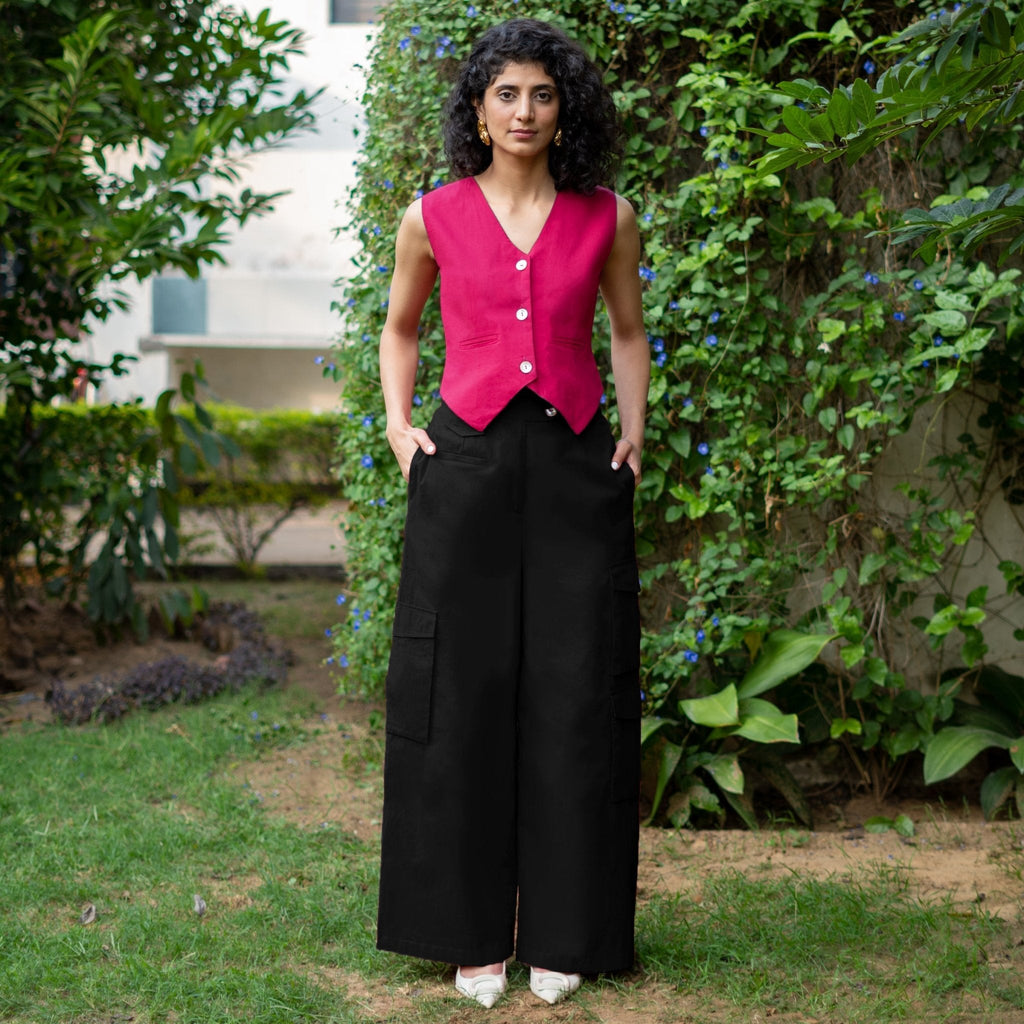 Black Cotton Poplin High-Rise Elasticated Wide Legged Cargo Pant