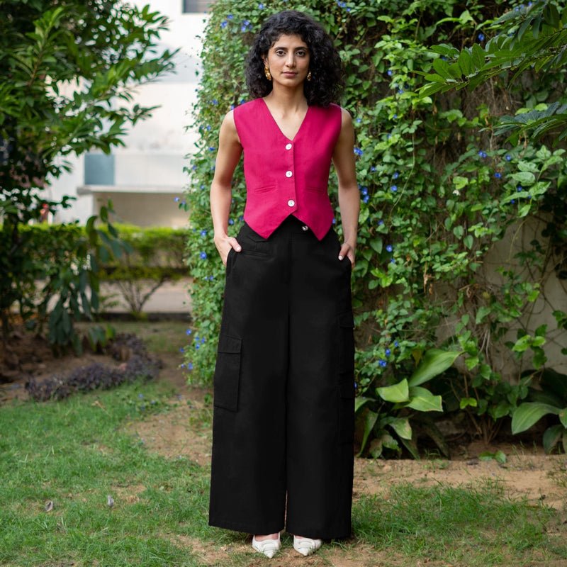 Black Cotton Poplin High-Rise Elasticated Wide Legged Cargo Pant