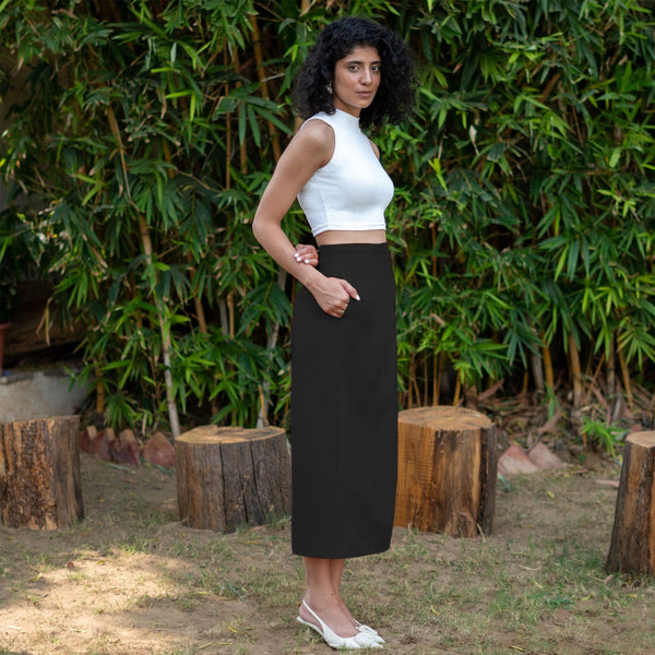 Black Cotton Poplin High-Rise Midi Wrap Skirt