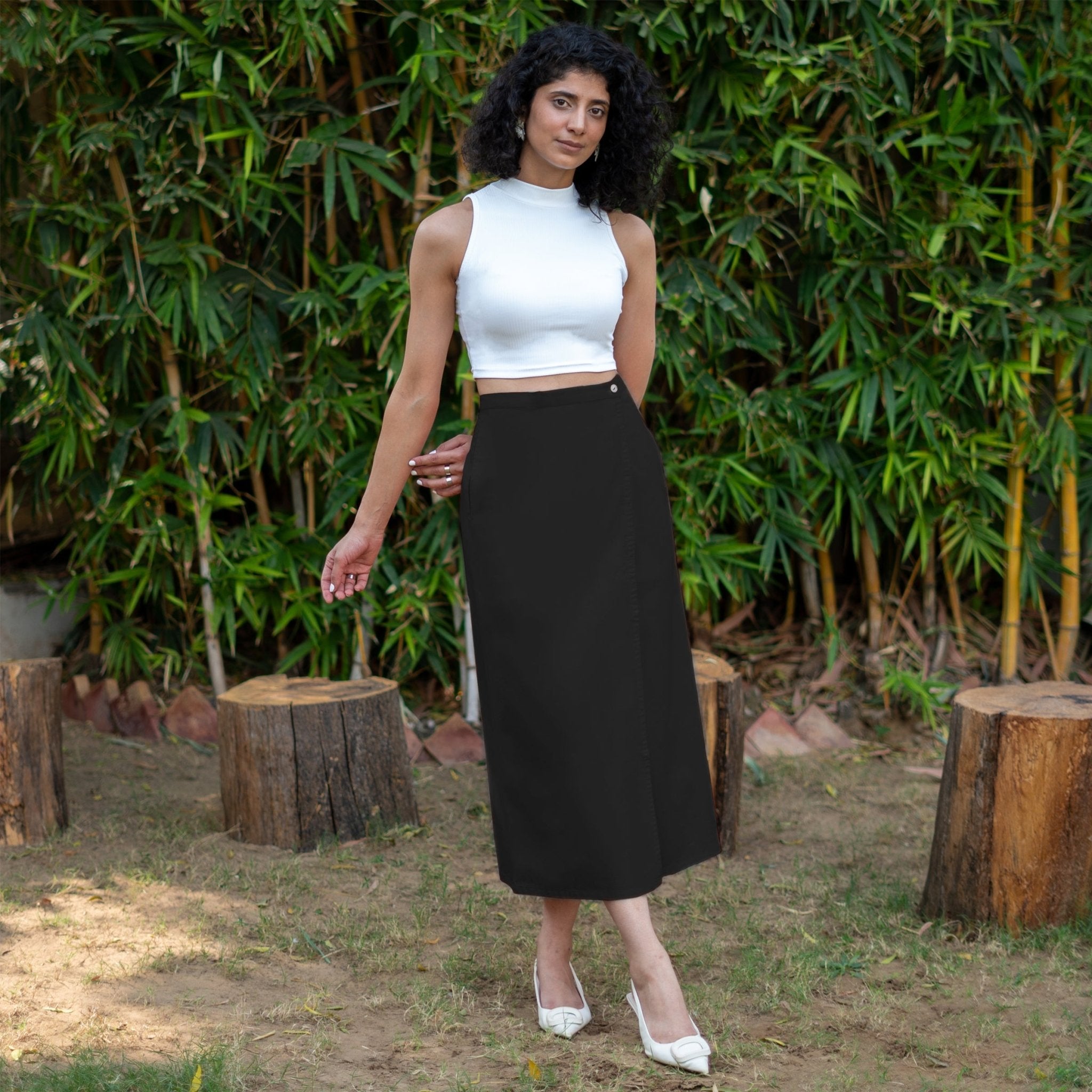 Black Cotton Poplin High-Rise Midi Wrap Skirt