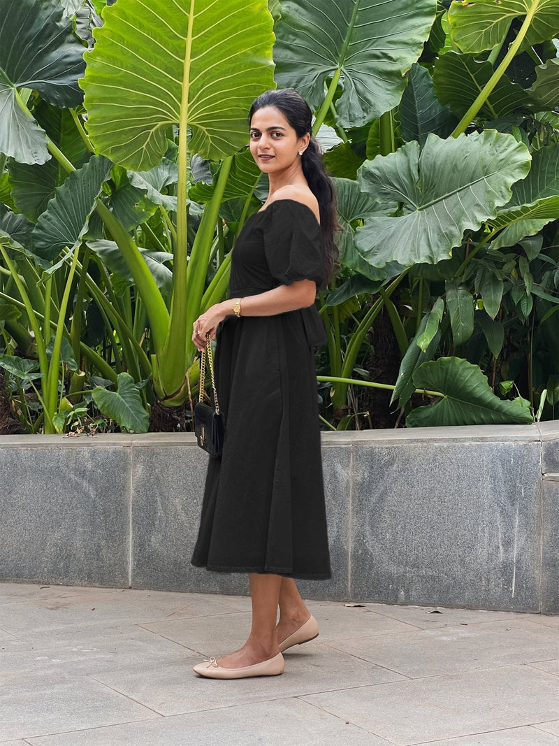 Black Cotton Poplin Midi Off-Shoulder Dress