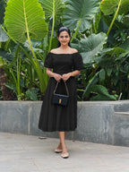 Black Cotton Poplin Midi Off-Shoulder Dress