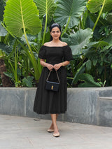 Black Cotton Poplin Midi Off-Shoulder Dress