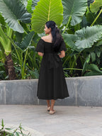 Black Cotton Poplin Midi Off-Shoulder Dress