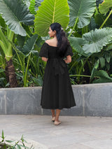 Black Cotton Poplin Midi Off-Shoulder Dress