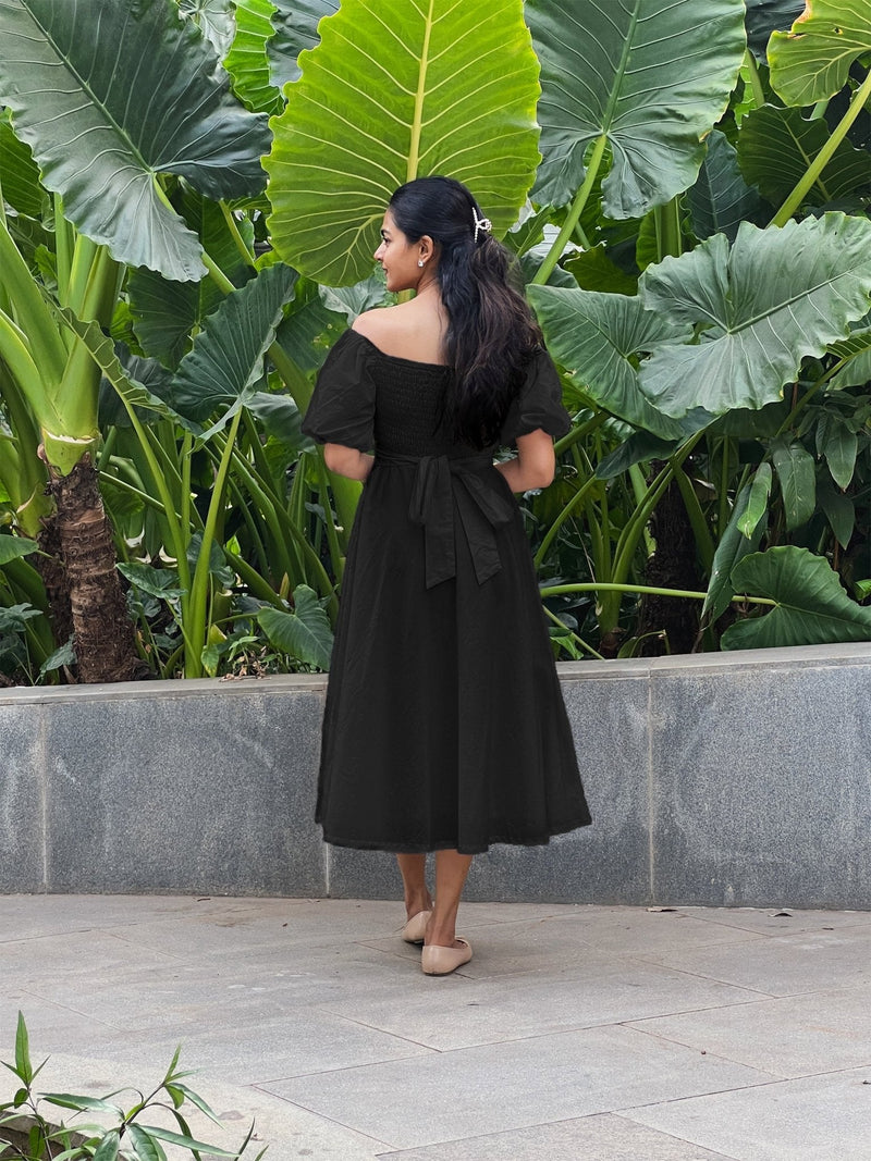 Black Cotton Poplin Midi Off-Shoulder Dress