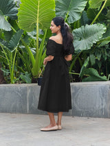 Black Cotton Poplin Midi Off-Shoulder Dress