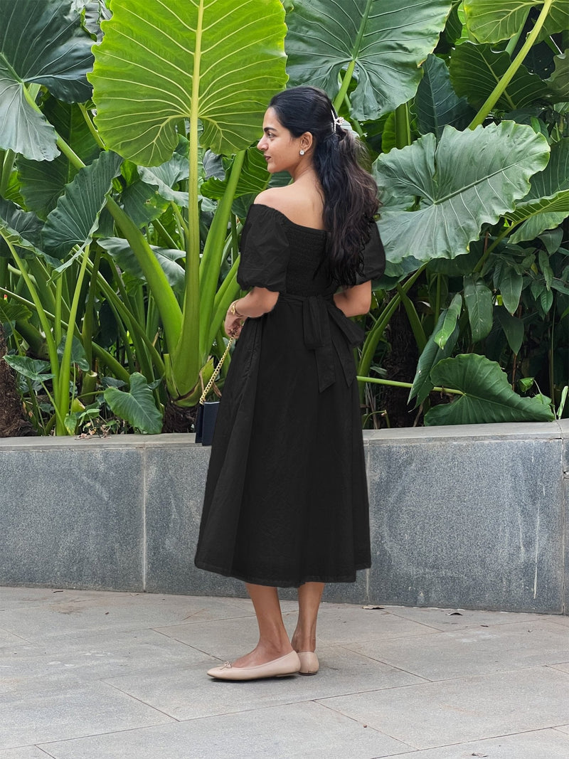 Black Cotton Poplin Midi Off-Shoulder Dress