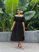 Black Cotton Poplin Midi Off-Shoulder Dress