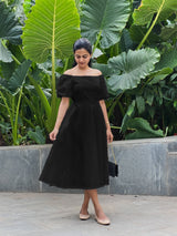 Black Cotton Poplin Midi Off-Shoulder Dress