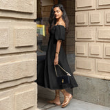Black Cotton Poplin Midi Off-Shoulder Dress