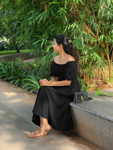 Black Cotton Poplin Midi Off-Shoulder Dress