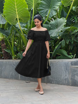Black Cotton Poplin Midi Off-Shoulder Dress