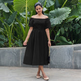 Black Cotton Poplin Midi Off-Shoulder Dress