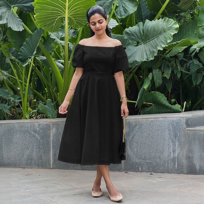 Black Cotton Poplin Midi Off-Shoulder Dress