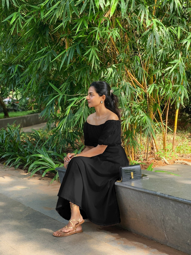 Black Cotton Poplin Midi Off-Shoulder Dress