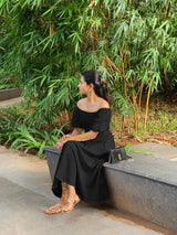 Black Cotton Poplin Midi Off-Shoulder Dress
