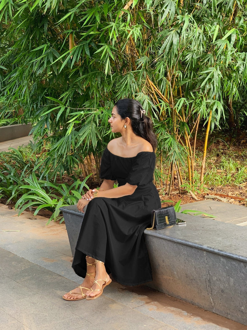 Black Cotton Poplin Midi Off-Shoulder Dress