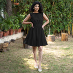 Black Cotton Poplin Sleeveless Gathered Short Dress