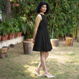 Black Cotton Poplin Sleeveless Gathered Short Dress