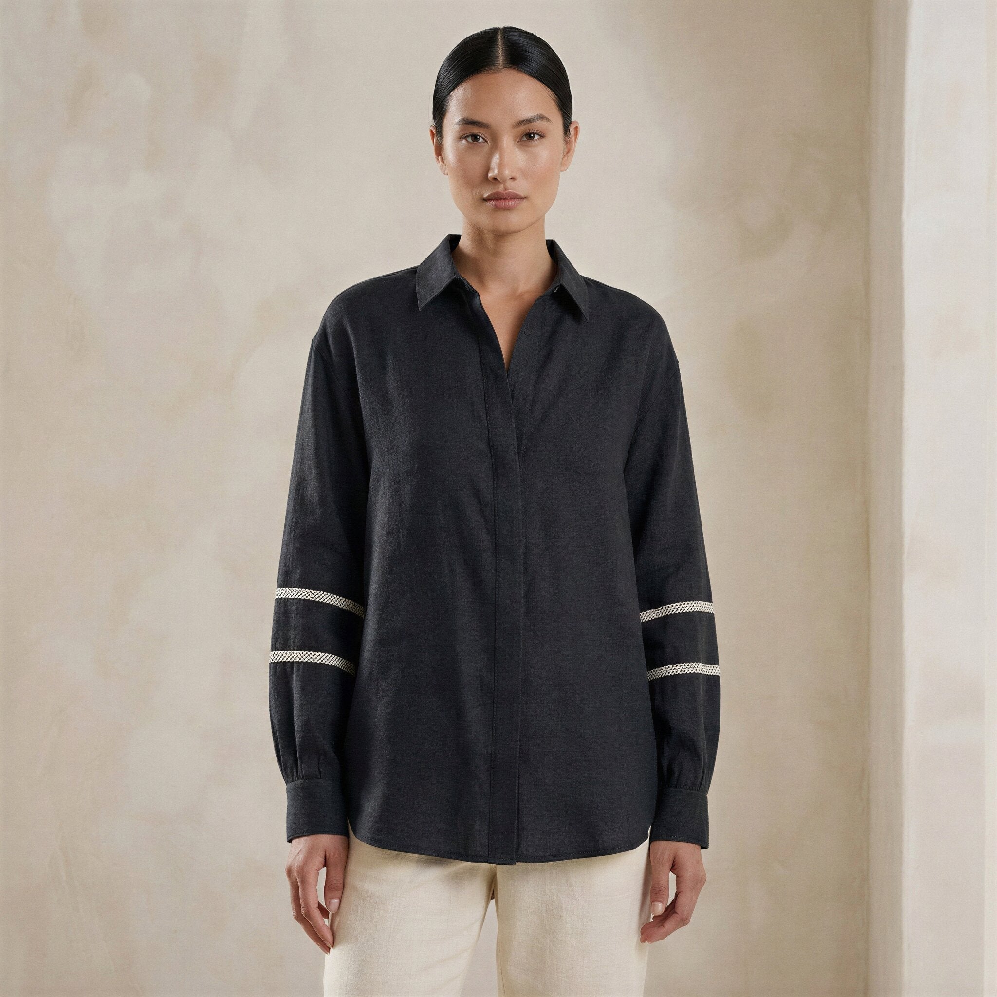 Black Cotton Relaxed Full Sleeve Button-Down Shirt