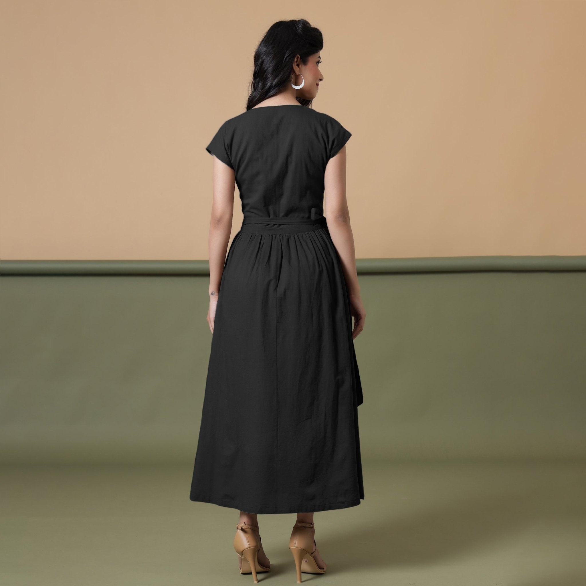 Black Cotton V-Neck Maxi Wrap Dress