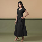 Black Cotton V-Neck Maxi Wrap Dress
