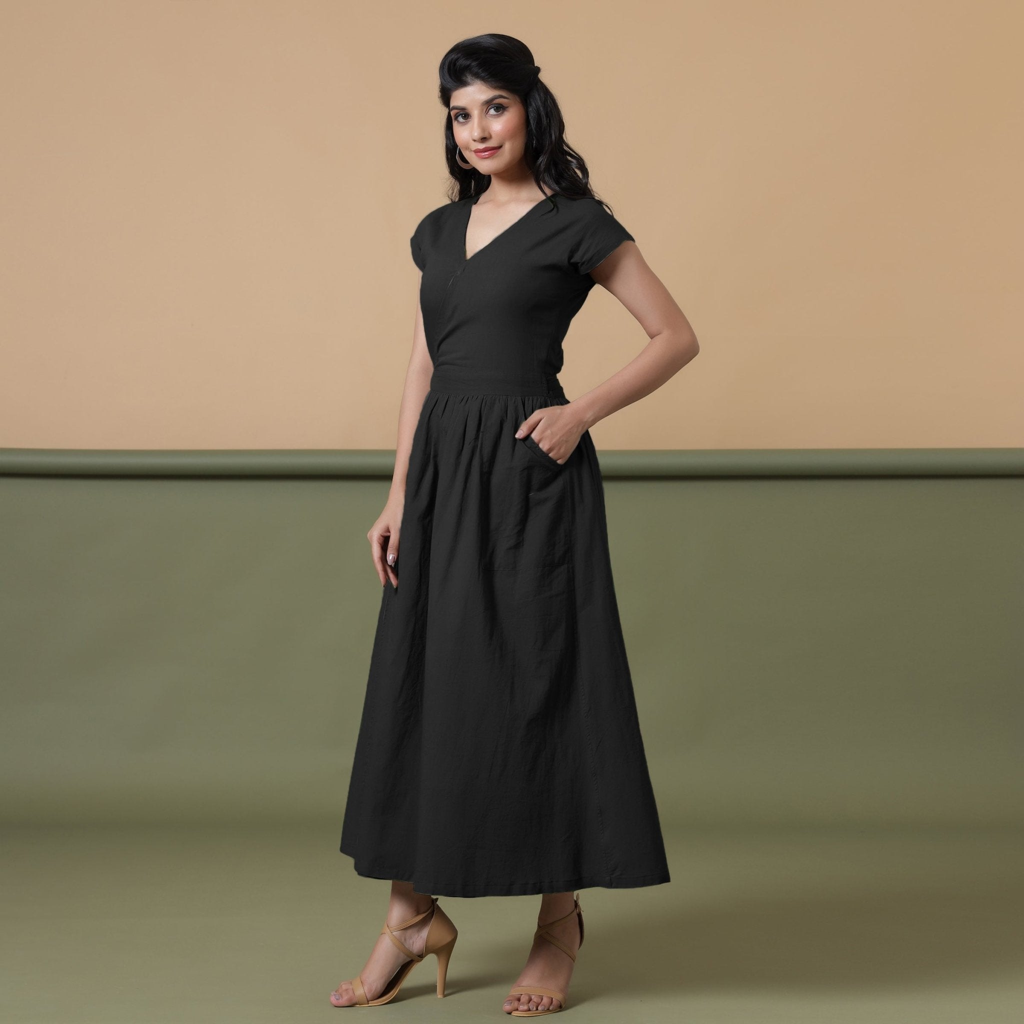 Black Cotton V-Neck Maxi Wrap Dress
