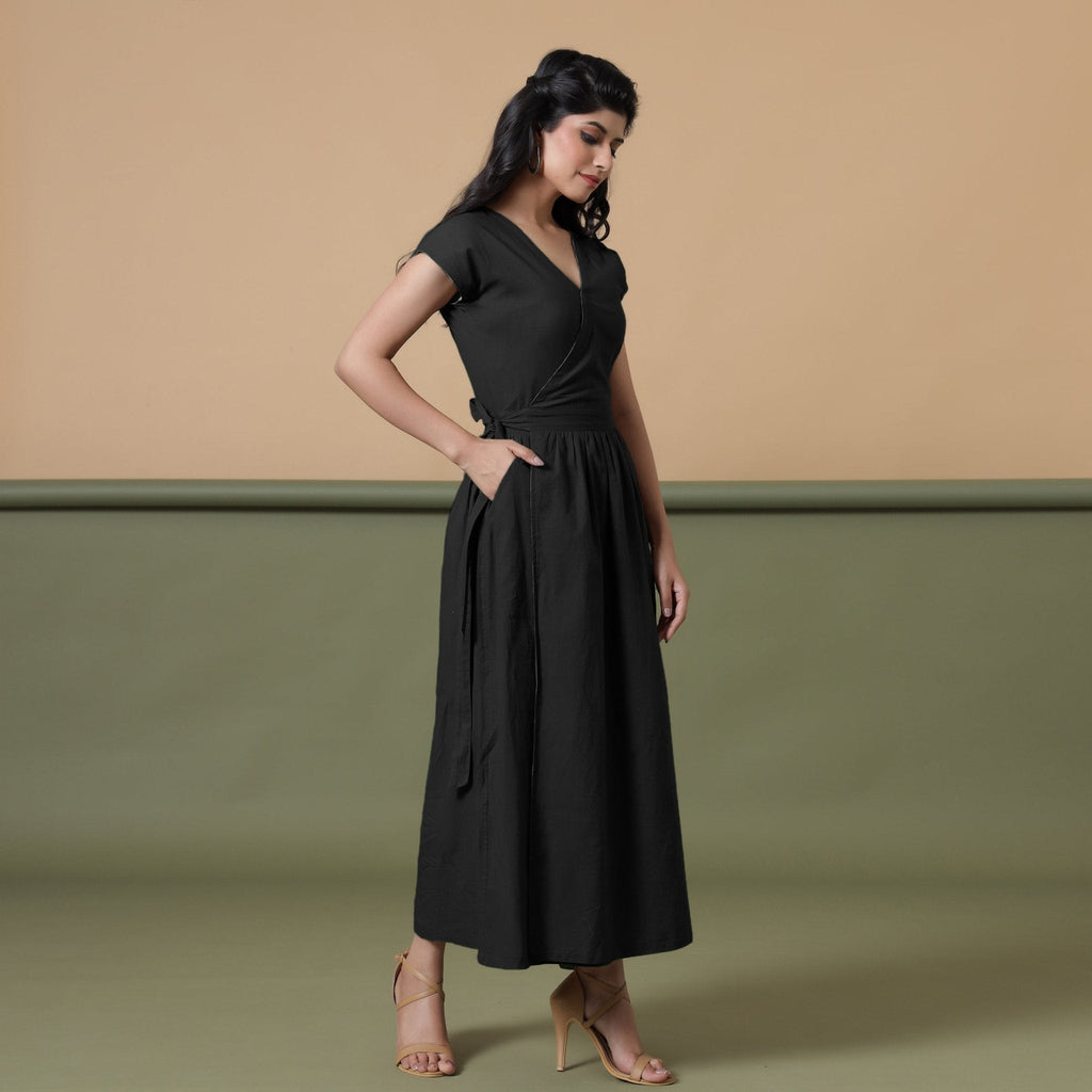 Black Cotton V-Neck Maxi Wrap Dress