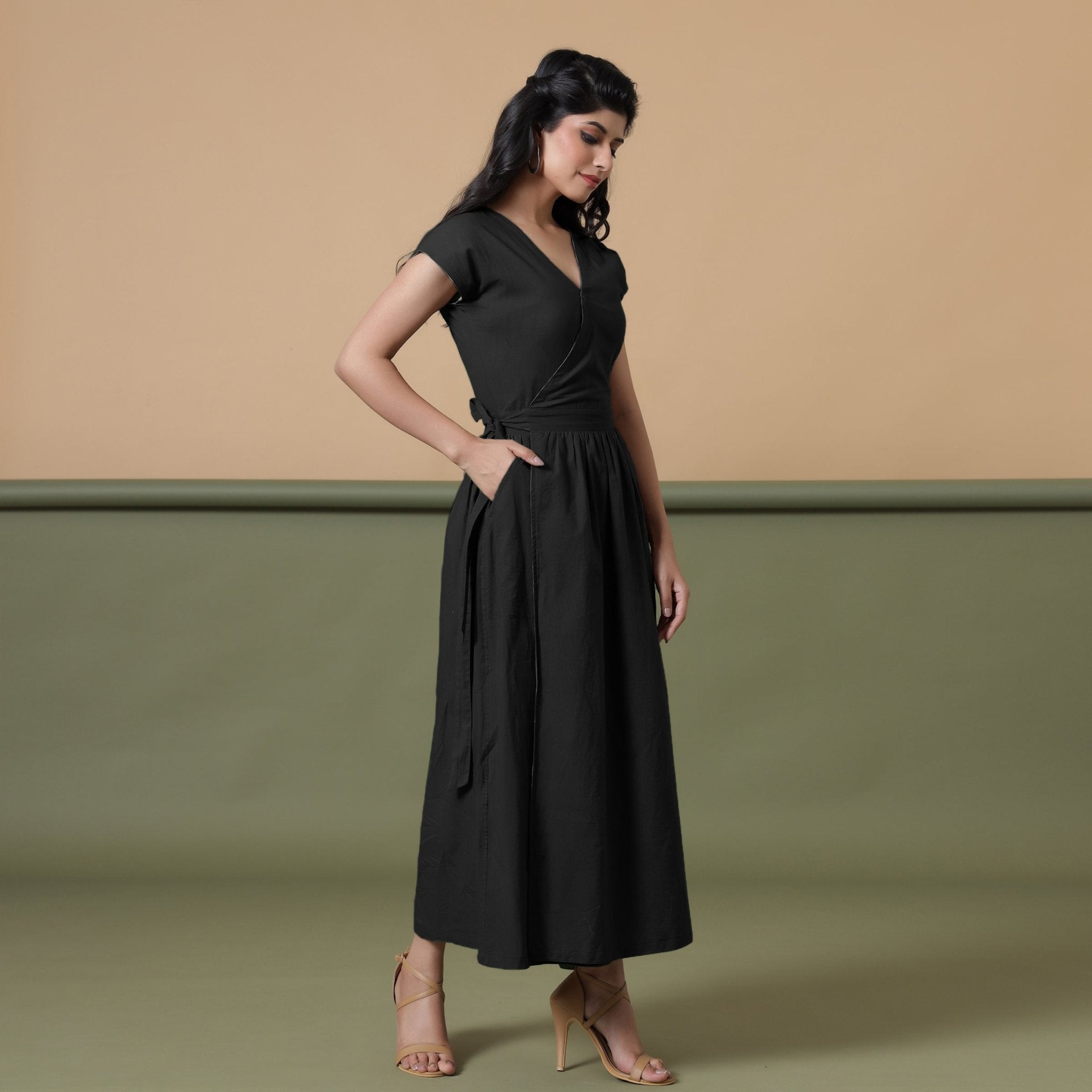 Black Cotton V-Neck Maxi Wrap Dress