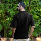 Black Cotton Waffle Flat Collar Polo T-Shirt