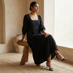 Black Cotton Waffle Square Neck Tiered Midi Dress