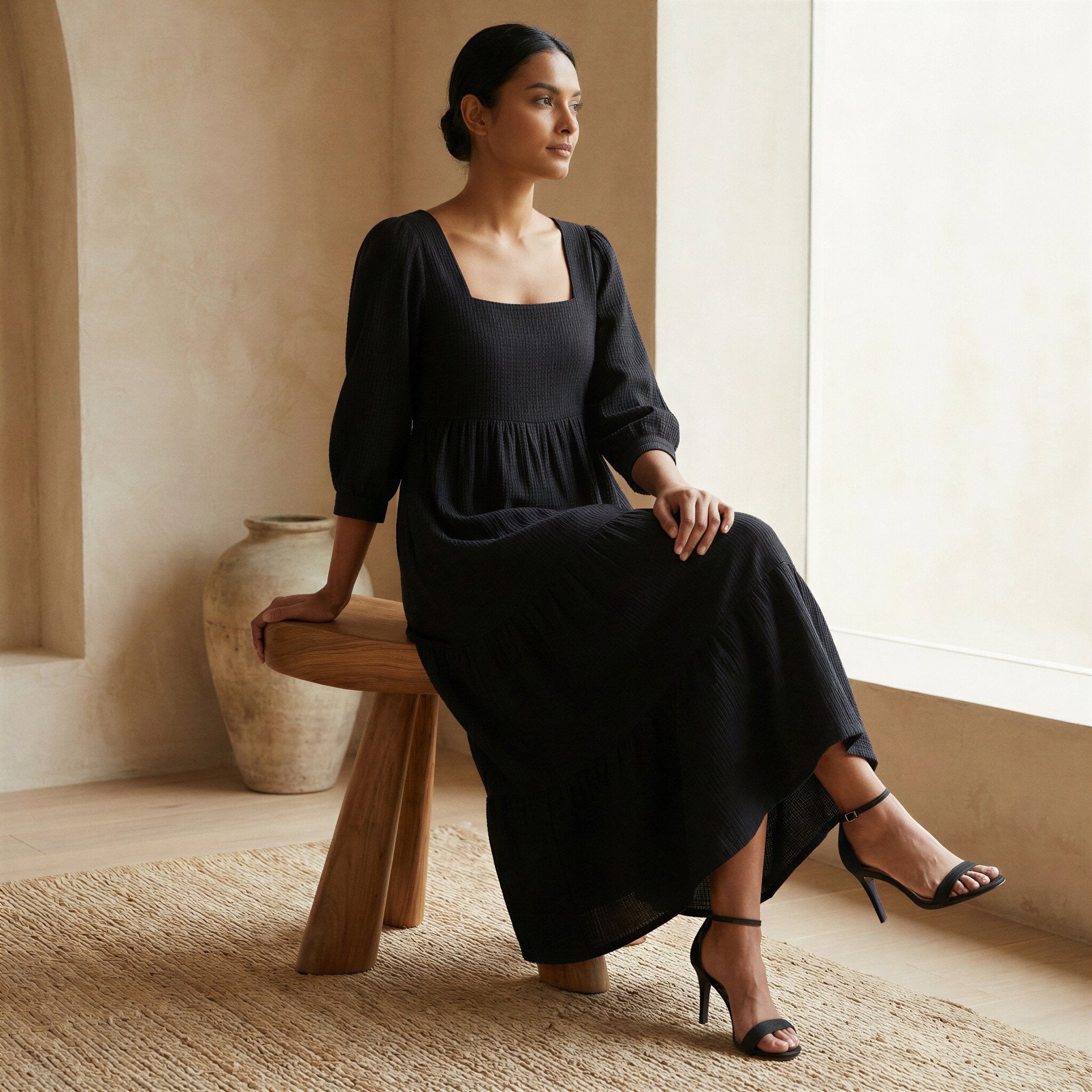 Black Cotton Waffle Square Neck Tiered Midi Dress