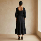 Black Cotton Waffle Square Neck Tiered Midi Dress