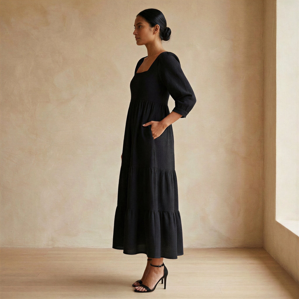 Black Cotton Waffle Square Neck Tiered Midi Dress