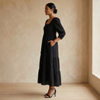 Black Cotton Waffle Square Neck Tiered Midi Dress
