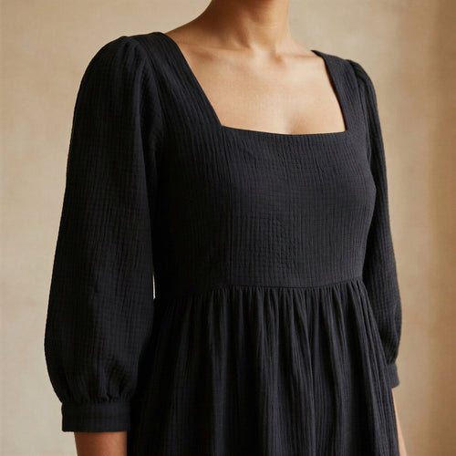 Black Cotton Waffle Square Neck Tiered Midi Dress