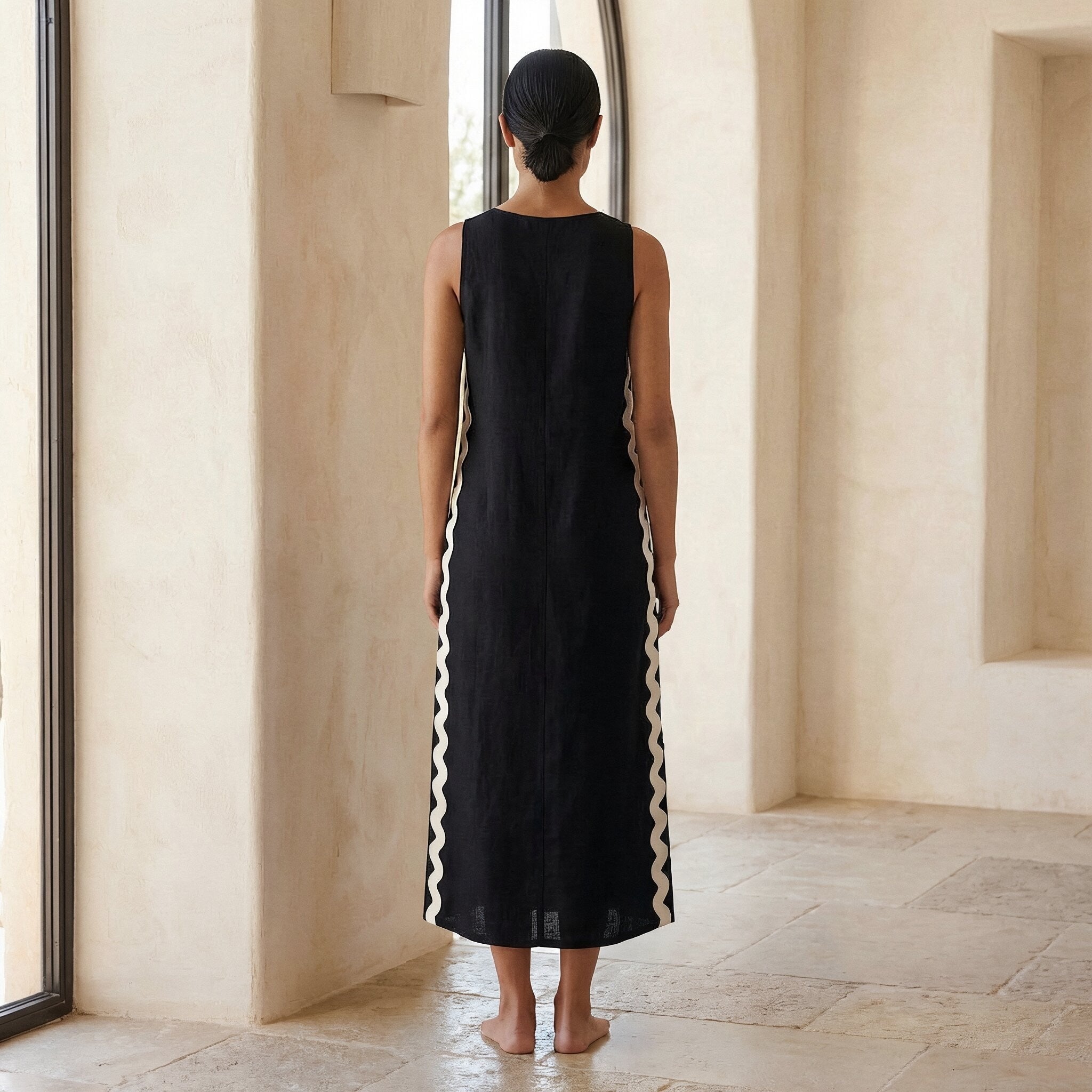 Black Cotton Wavy Stripe Maxi Shift Dress