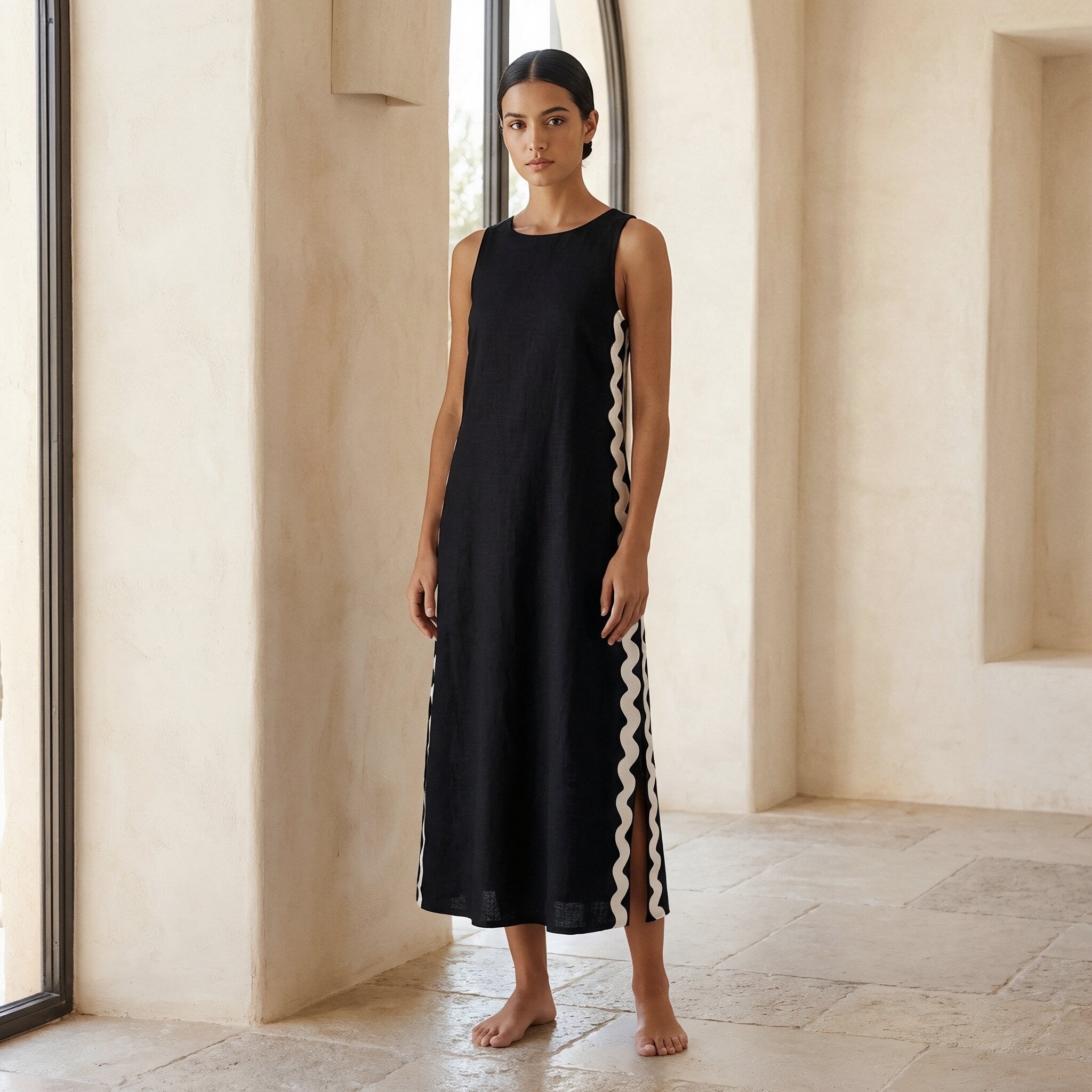 Black Cotton Wavy Stripe Maxi Shift Dress