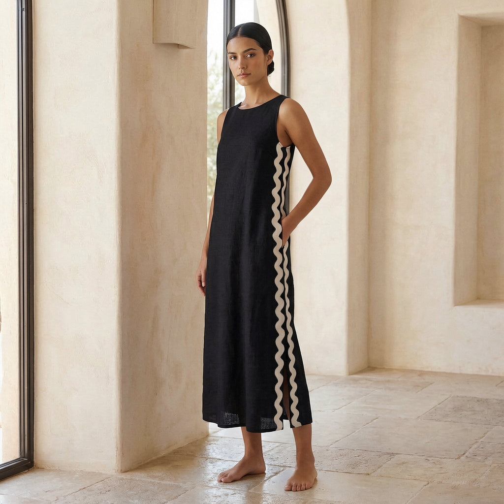 Black Cotton Wavy Stripe Maxi Shift Dress