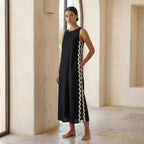 Black Cotton Wavy Stripe Maxi Shift Dress