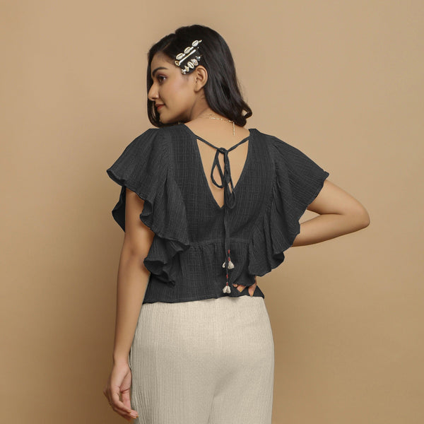 Black Crinkled Cotton Butterfly Sleeves Crop Top